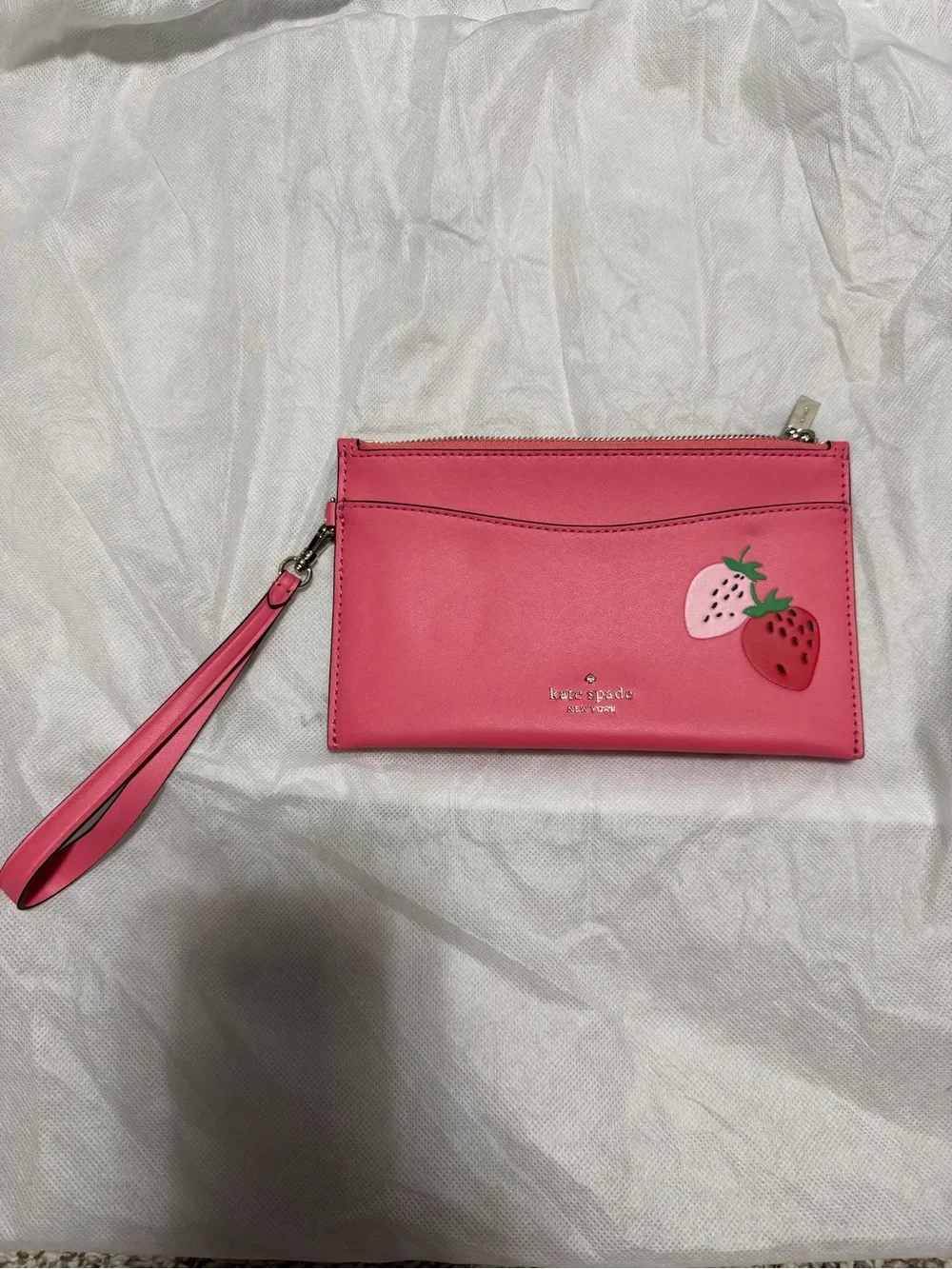 kate spade pink wristlet clutch with strawberry appliqués